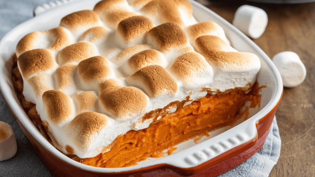 A sweet potato casserole with a golden, gooey marshmallow topping. The sweet potato layer is orange and has a slightly crispy edge. The marshmallows are browned and have melted slightly, creating a gooey texture. The casserole is served in a white baking dish. There are a few whole marshmallows scattered around the dish. The background is a wooden table with a grey towel.