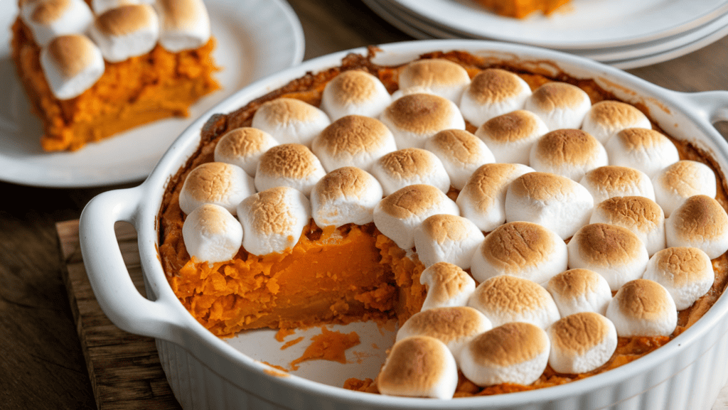 A delicious Sweet Potato Casserole with golden, gooey marshmallows on top. The casserole is in a white dish and is being served. There are also a few slices of the casserole on a white plate. The background is a wooden surface.