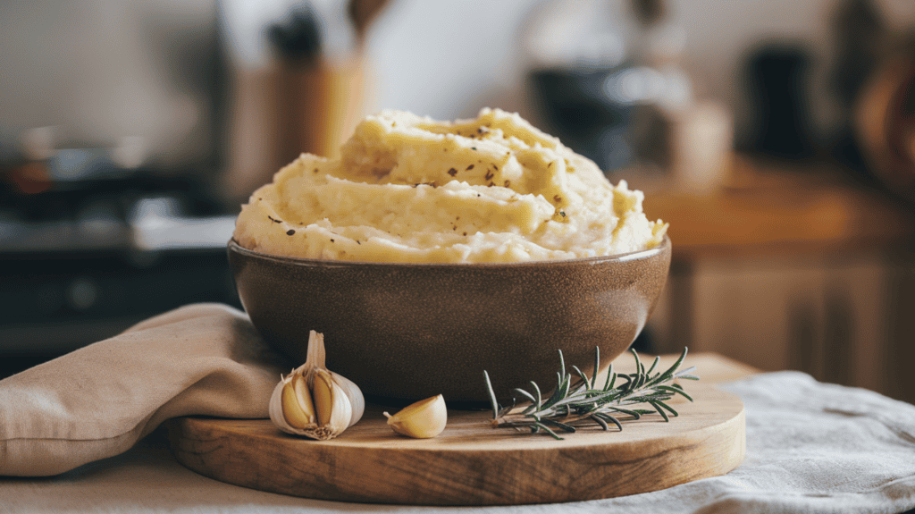 A large bowl of creamy mashed potatoes. The bowl is placed on a wooden board, which is placed on a beige cloth. Some garlic cloves and a sprig of rosemary are placed on the board beside the bowl. The background is blurred, showing a kitchen with utensils and a stove. The lighting is soft.