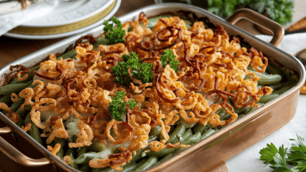 A green bean casserole with a crispy onion topping. The casserole is in a baking dish and is ready to be served at a Thanksgiving dinner. The dish is garnished with fresh parsley. The background is a wooden table with a white cloth and a few other dishes.