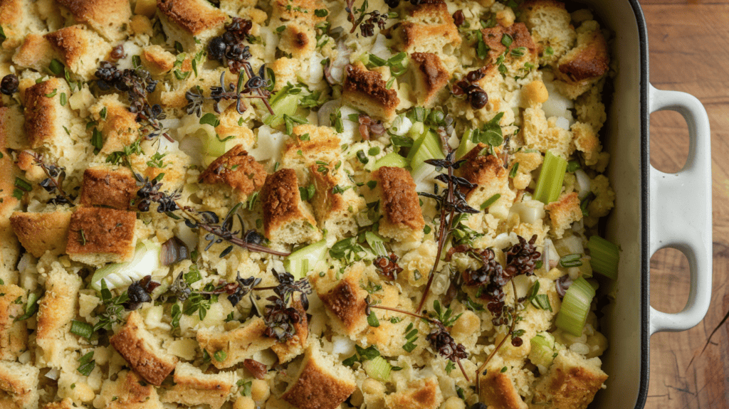 A classic stuffing with herbs in a baking dish, ready to be served at Thanksgiving. The stuffing is made with breadcrumbs, celery, onions, and herbs. The dish is topped with a layer of butter. The background is a wooden surface.