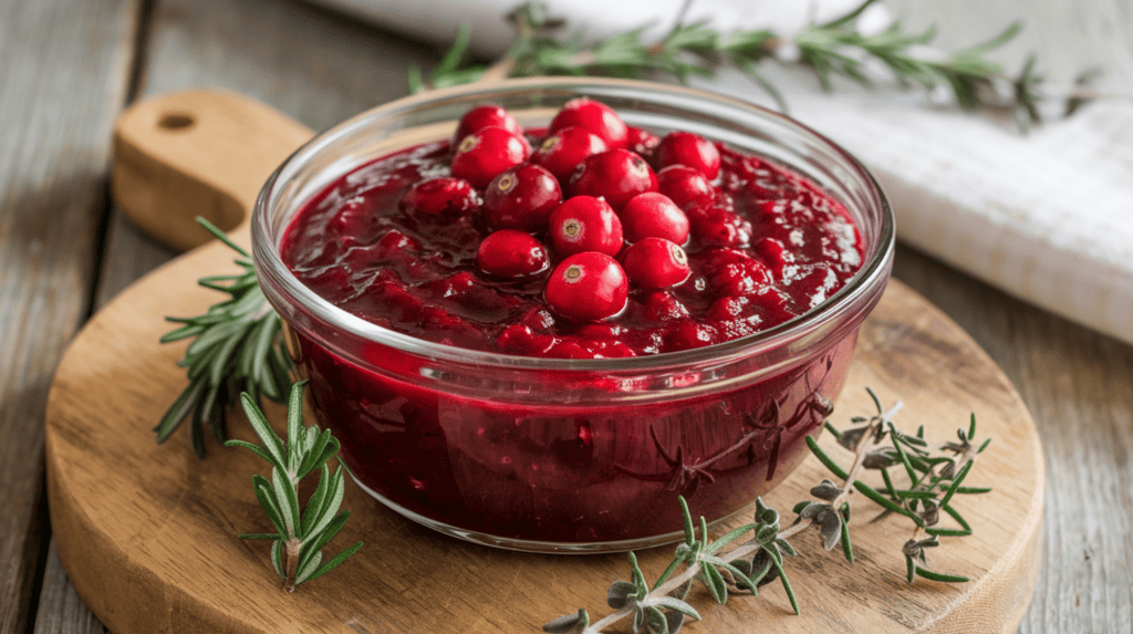 A homemade cranberry sauce in a clear glass bowl. The sauce has a deep red color and is topped with whole cranberries. The bowl is placed on a wooden board. There are fresh sprigs of rosemary and thyme around the bowl. The background is a rustic wooden table with a white cloth.