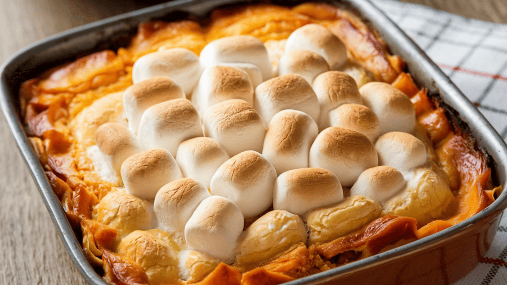 A sweet potato casserole with a golden marshmallow topping. The casserole is in a baking dish and is ready to be served. There is a few marshmallows on top, and the entire dish has a caramelized, golden-brown crust. The background is a wooden table with a checkered cloth.
