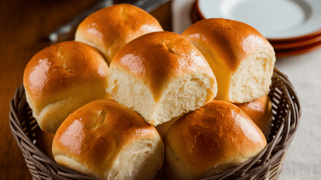 A basket of classic dinner rolls brushed with shimmering butter. The rolls are golden brown and have a soft, fluffy texture. They are placed in a basket and are ready to be served for a Thanksgiving dinner. The background is a wooden table with a white tablecloth.
