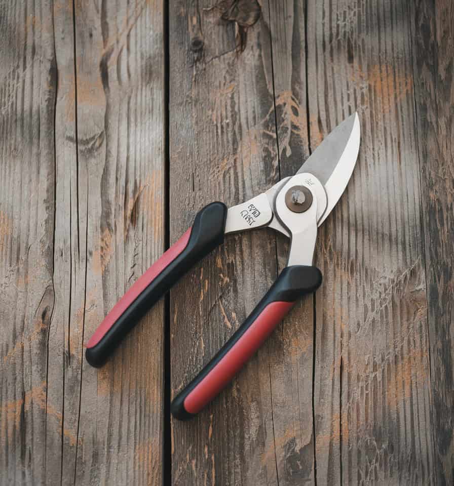 A pair of pruning shears with a sharp, curved blade and a black handle. The handle is ergonomically designed with a red grip. The shears are placed on a rustic wooden surface with visible grain patterns and weathered textures.