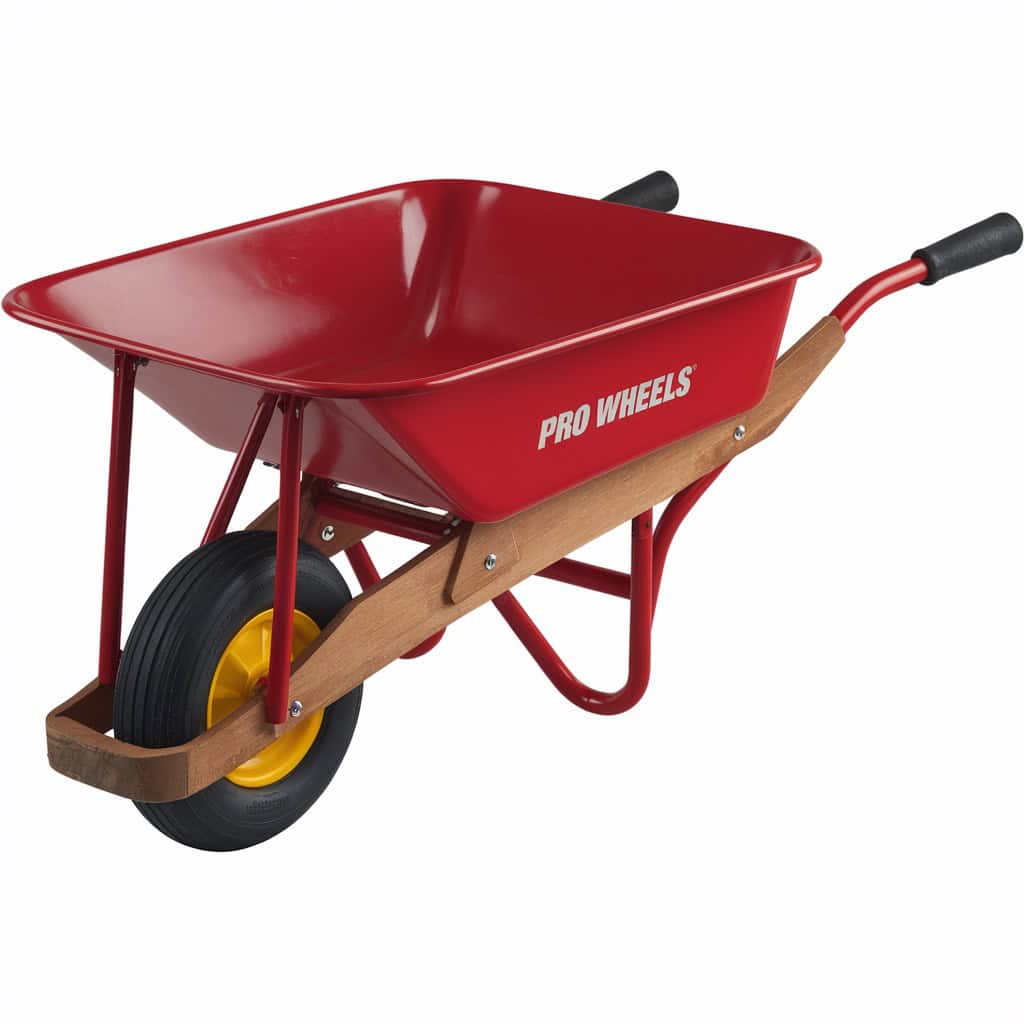 A red wheelbarrow with a wooden handle and frame. The wheelbarrow has a metallic tray, and there's a yellow tire attached to the front.  The wheelbarrow is positioned on a flat surface, and its design suggests it's meant for carrying heavy loads, possibly in a garden or construction setting.