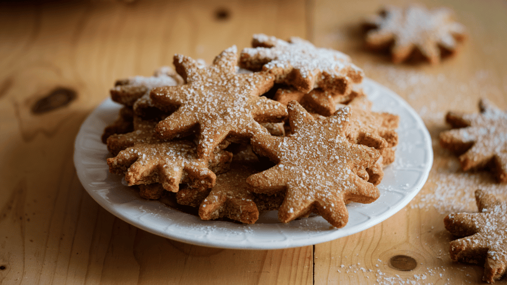 A plate of delicious Swedish pepparkakor, or ginger snaps. The cookies are thin, dark brown, and have a prominent ginger flavor. They are piled high on a white plate. There is a sprinkle of white sugar on top of the cookies, which glistens in the light. The background is a wooden table with visible knots and a few cookies are scattered on the table. The lighting is soft.
