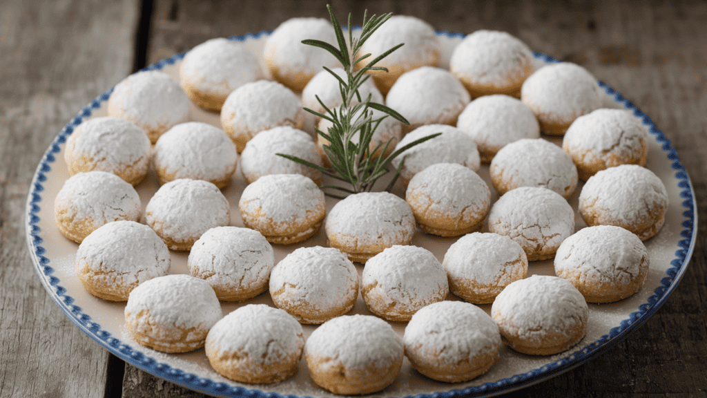 A plate of Mexican wedding cookies. The cookies are small, round, and covered in powdered sugar. They are arranged in a circular pattern on the plate. There is a sprig of rosemary in the center of the cookies. The background is a rustic wooden surface.