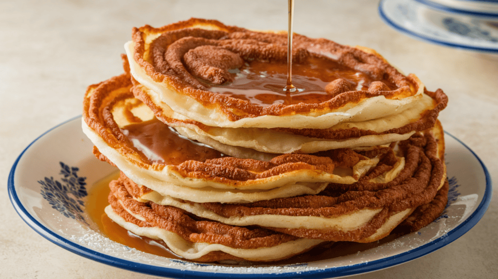 A plate of delicious Mexican Bunuelos. The Bunuelos are thin, crispy pastries made from simple dough that is rolled flat, fried until golden, and coated with a generous layer of cinnamon sugar. They are stacked on top of each other with a drizzle of syrup on top of them. The background is simple, allowing the Bunuelos to stand out.