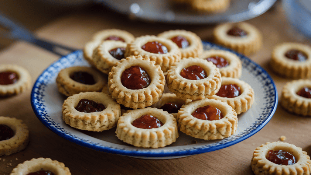 A plate of date-sweetened thumbprint cookies. The cookies are small and round, with a deep indentation in the center. The indentation is filled with a dollop of jam. The cookies have a golden brown color and a slightly crumbly texture. The plate is placed on a wooden surface. There are a few cookies scattered around the plate. The background is blurred and consists of a few kitchen tools and ingredients.