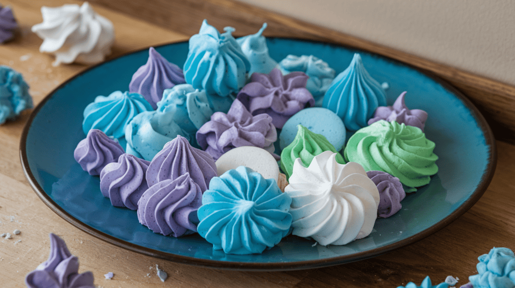 A plate of aquafaba meringue cookies. The plate is on a wooden surface. There are various shades of blue, purple, and green meringues. Some of the meringues have been piped into intricate shapes, such as stars and flowers. There are also a few broken meringues on the plate. The background is a beige wall.
