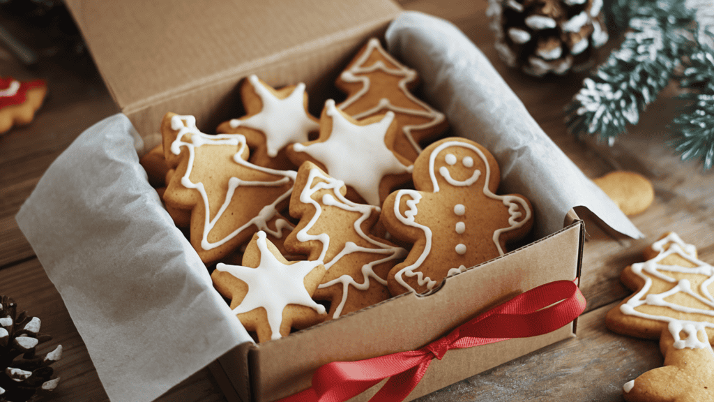 A kraft paper box lined with parchment paper and filled with Christmas cookies. The cookies are of various shapes and sizes, including stars, trees, and gingerbread men. There is a red ribbon tied around the box. The background is a wooden surface with a few other Christmas decorations.