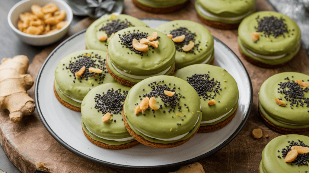 Matcha-gingerbread cookies with a traditional gingerbread base, matcha white chocolate ganache filling, black sesame seed garnish, and candied ginger pieces. The cookies are arranged on a white plate. There's a small bowl of candied ginger pieces beside the plate. The background is a rustic wooden board.