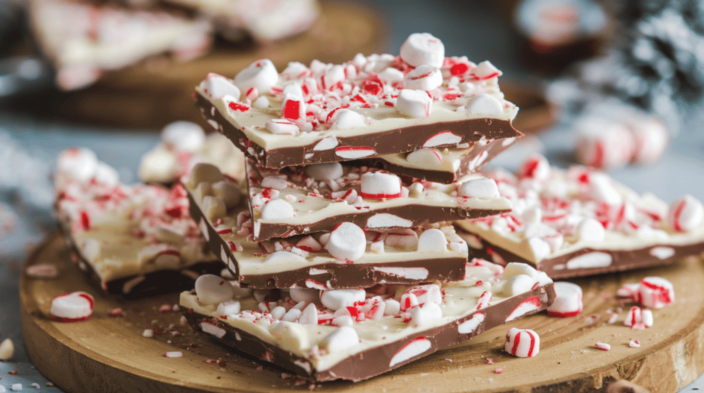 Delicious peppermint bark unevenly broken and stacked on top of each other. The peppermint bark has a white chocolate base and is covered with crushed peppermint candy. The bark is placed on a wooden board. There are some peppermint candies scattered around the bark. The background is blurred and contains a few other items.