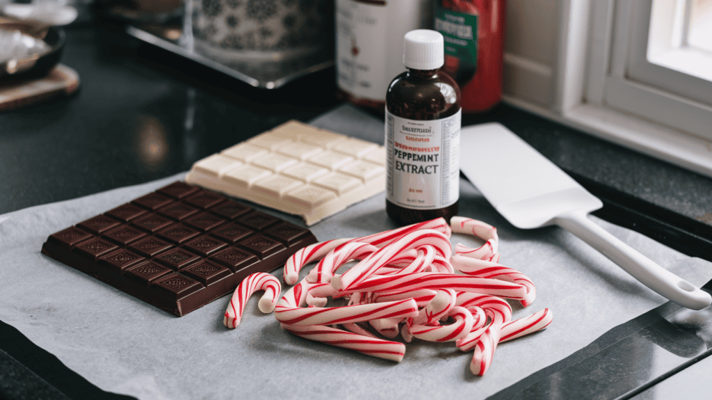 A kitchen counter with a dark chocolate bar, a block of white chocolate, a bottle of peppermint extract, and a pile of candy canes for a peppermint bark recipe. There is a sheet of parchment paper and a spatula next to the ingredients. The background contains a few other items and a window.