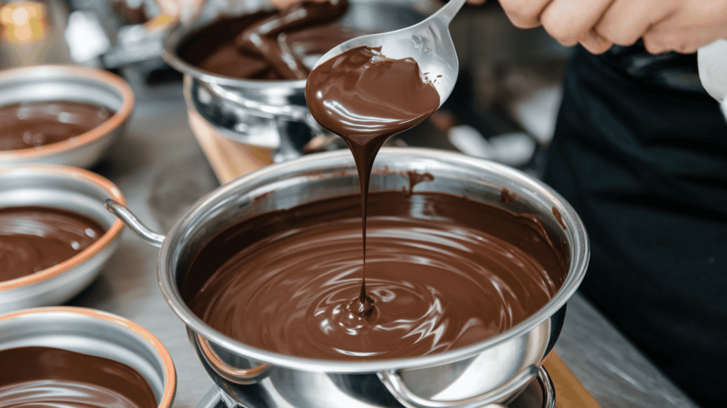 A professional chef tempering dark chocolate. The chocolate is shiny and smooth, with a deep brown color. The chef is using a double boiler to heat the chocolate. There are multiple bowls of chocolate on the counter.