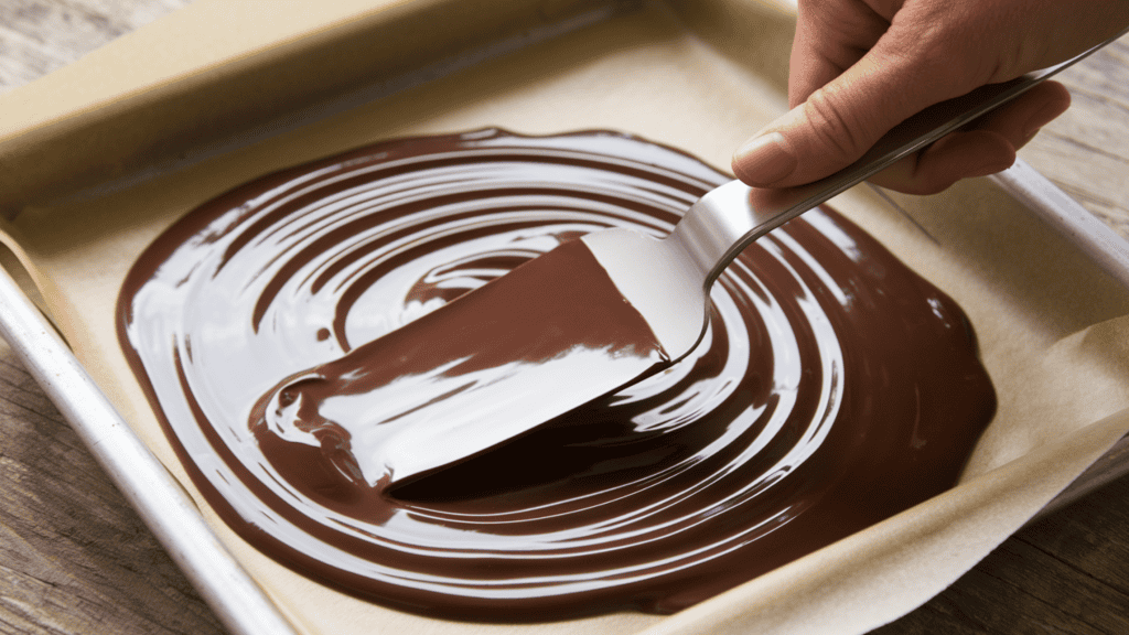 A hand using an offset spatula to spread shiny, delicious dark chocolate on a parchment-lined baking pan. The spatula has a flat, thin, and flexible blade that is slightly angled from the handle. The chocolate is smooth and glossy, with a rich, dark color. The parchment-lined baking pan is placed on a wooden surface.
