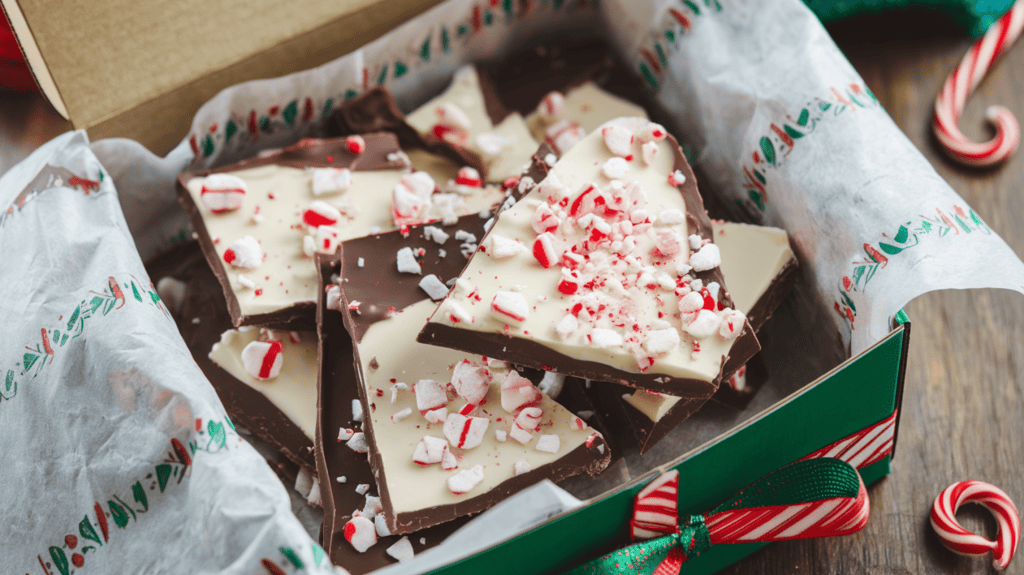 A holiday-themed box filled with delicious peppermint bark with finely crushed candy canes sprinkled on top. The box is lined with food-safe tissue paper and has a festive ribbon around it. The peppermint bark is roughly broken into pieces and has a smooth chocolate layer on top and a rough chocolate layer on the bottom. The background is a wooden surface.