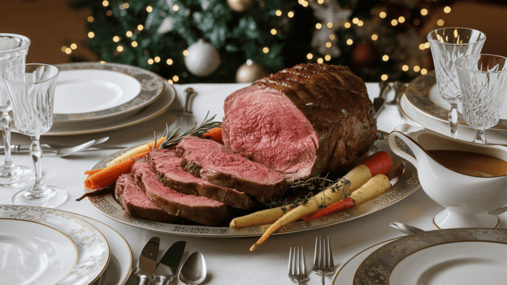 A gorgeous sliced prime rib on a dinner table. The prime rib is cooked medium-rare and is accompanied by roasted vegetables, including carrots, parsnips, and potatoes. There is a gravy boat filled with rich, dark gravy. The table is set with fine china plates, silverware, and crystal glasses. There are sprigs of rosemary and thyme. The background contains a Christmas tree with twinkling lights and ornaments.