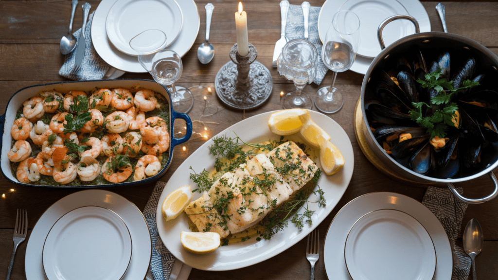 A Christmas Eve dinner table with a delicious shrimp scampi, baked cod with herbs, and mussels with white wine, garlic, and fresh parsley. The shrimp scampi is served in a dish, the baked cod is placed on a plate with lemon wedges and herb sprigs, and the mussels are in a pot. The table is set with white plates, silverware, and wine glasses. There's a candlestick holder with a lit candle in the middle of the table.