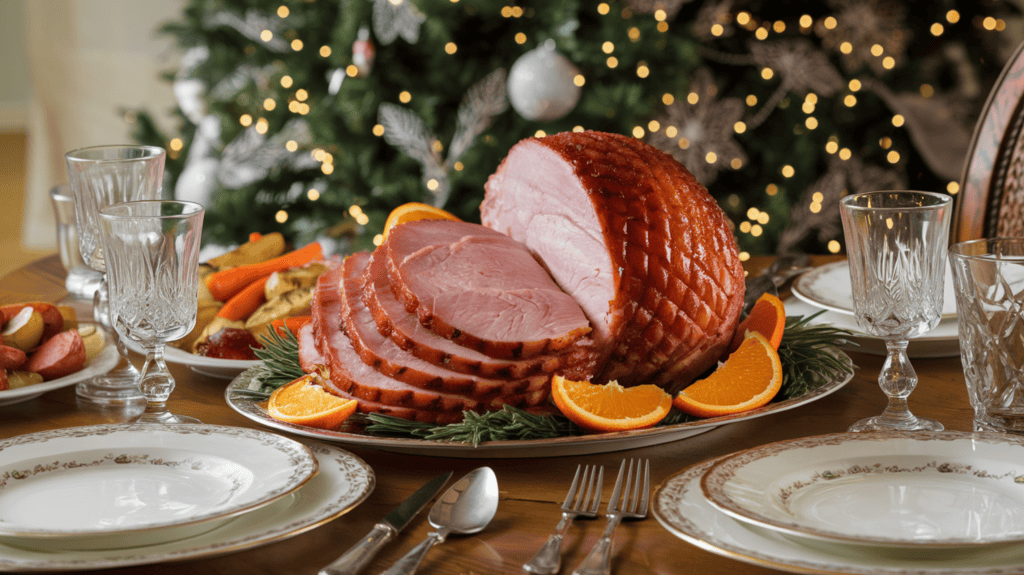 A dinner table with a honey-glazed ham as the main course. The ham is sliced and scored in a diamond pattern. The ham is placed on a platter and garnished with orange slices. There are side dishes of roasted vegetables, including carrots and potatoes. The table is set with fine china plates, silverware, and crystal glasses. The background contains a Christmas tree with twinkling lights and ornaments.