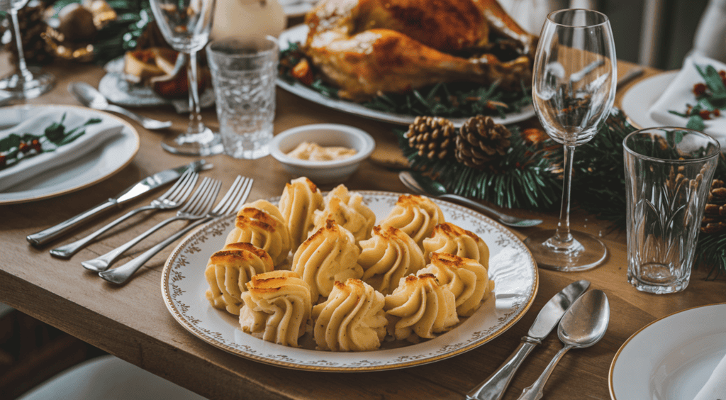A dinner table set for Christmas Eve dinner. There's a plate with delicious Duchess Potatoes. These Duchess Potatoes are creamy mashed potatoes piped into decorative shapes with golden, crispy tops. There are also other dishes on the table, including a roasted turkey. The table is set with silverware, glasses, and festive decorations.