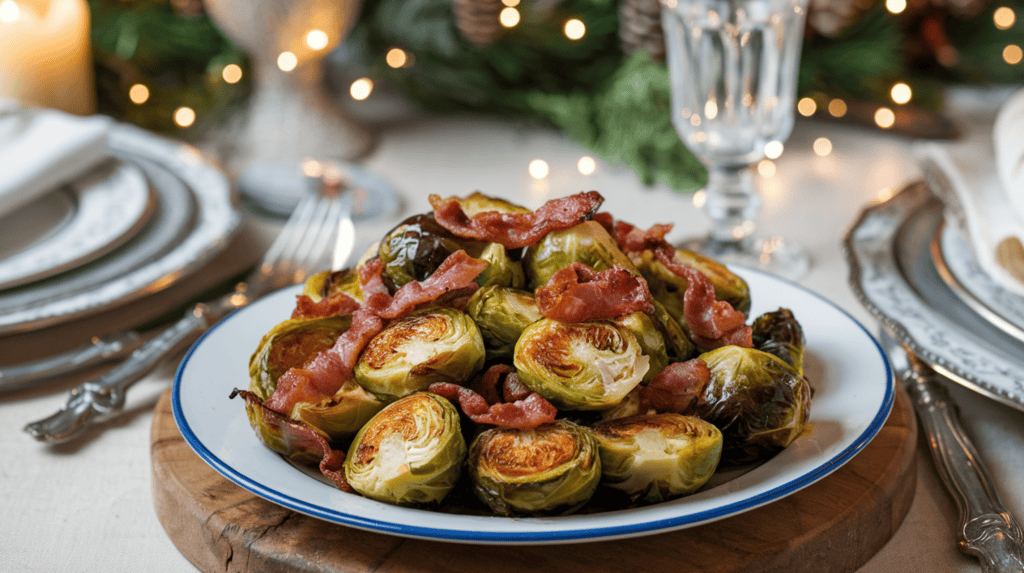 A plate of roasted Brussels sprouts with bacon and maple syrup. The sprouts are golden brown and crispy, with strips of bacon and drizzles of maple syrup. The plate is set on a wooden board. The background is a Christmas Eve dinner table setting with a white tablecloth, silverware, and a candle. The ambiance is warm and festive.
