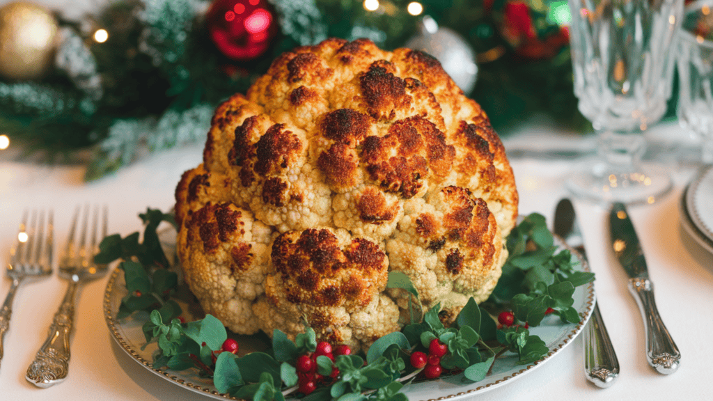 A whole roasted cauliflower as the holiday centerpiece for Christmas Eve dinner. The cauliflower has been marinated in a mixture of miso paste, maple syrup, and smoked paprika for 24 hours before roasting. It has a gorgeous golden-brown crust. The cauliflower is placed on a plate and garnished with fresh herbs. The background is a Christmas table setting with a white tablecloth, silverware, and Christmas ornaments.
