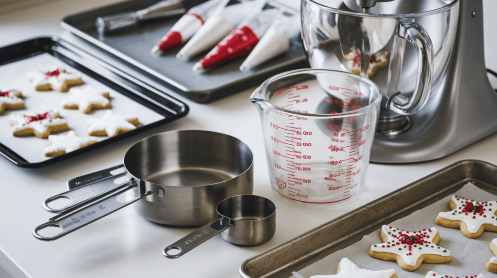 A baking station with a set of sturdy metal measuring cups, a clear glass measuring cup with a spout, a stand mixer, baking sheets, and piping bags for a Christmas cookies recipe. There are also Christmas sugar cookies on the baking sheets. The background is a white countertop.