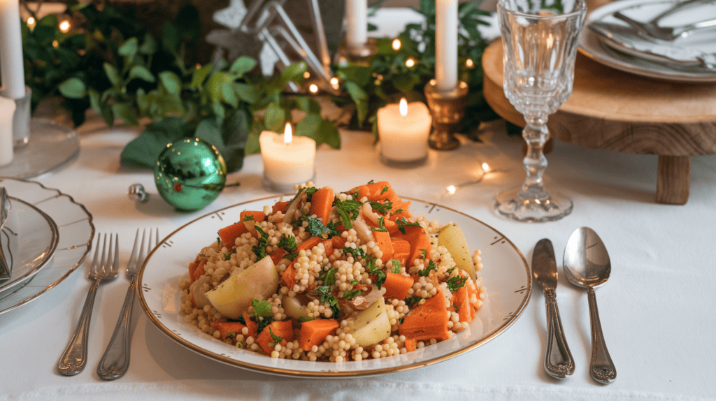 A harissa-spiced root vegetable medley with pearl couscous on a Christmas Eve dinner table. The root vegetables include carrots, parsnips, and potatoes. The pearl couscous is mixed with the vegetables and seasoned with harissa spice. The dish is served on a white plate. The table is set with a white tablecloth, a wooden serving platter, and silverware. There are candles on the table and a Christmas ornament near the dish. The background contains a green plant and a decorative object.
