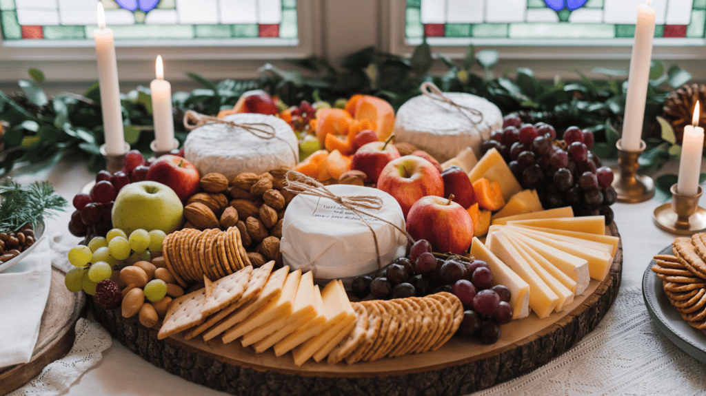 A holiday cheese board on Christmas Eve. There is a variety of cheeses, fruits, nuts, and crackers on a wooden board. The cheeses are wrapped in cloth and tied with twine. There are apples, oranges, and grapes among the fruits. There are almonds, walnuts, and pecans among the nuts. The board is placed on a table with a white tablecloth. There are candles and greenery on the table. The background contains a window with stained glass.