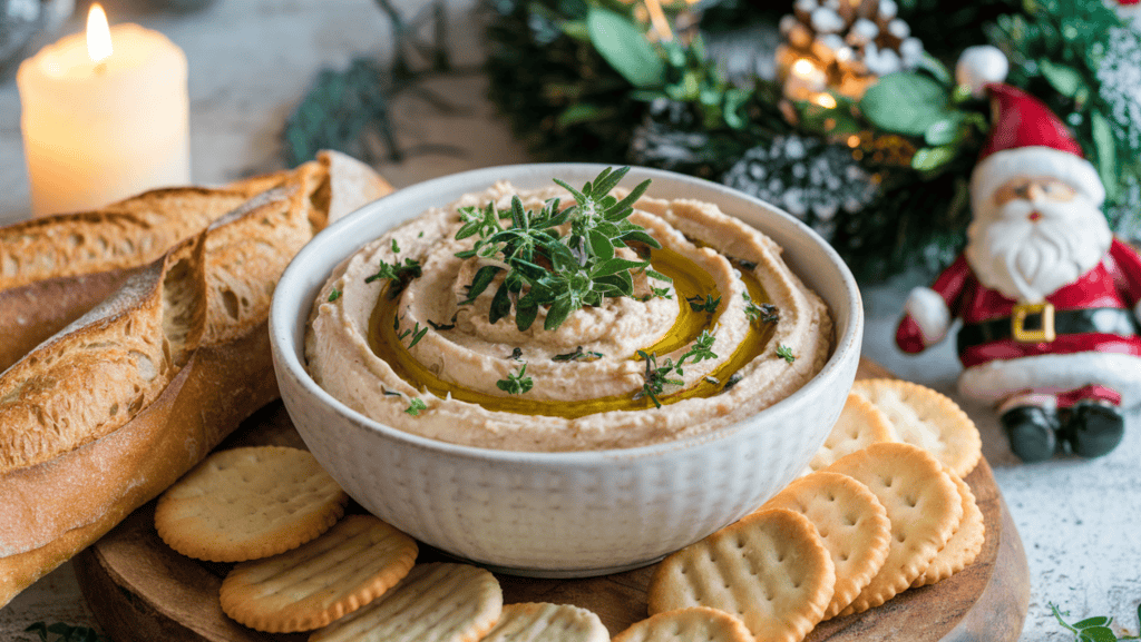 A bowl of caramelized onion dip on a wooden board. The dip is topped with fresh herbs and a drizzle of olive oil. There are fresh baguettes and crackers beside the dip. The background has a festive Christmas setting with a lit candle, a greenery wreath, and a Santa Claus ornament.