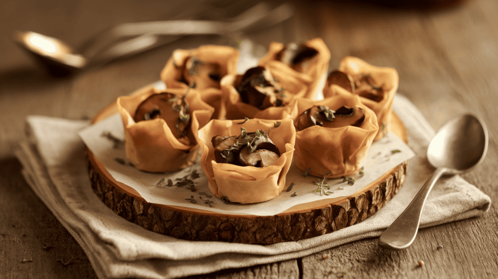 Mushroom phyllo cups on a wooden platter, with a few scattered green herbs. The platter is placed on a beige cloth, on a rustic wooden surface. There is a silver spoon next to the platter. The background is blurred and contains a few more utensils. The lighting is warm.