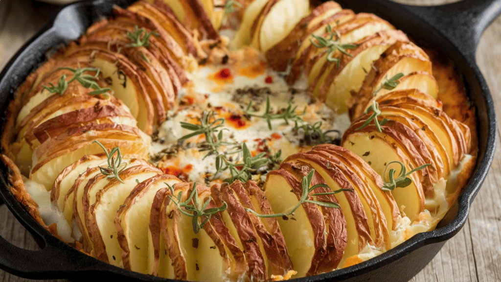 A golden brown hasselback potato gratin with a crispy top. The potatoes are sliced and layered with a mix of cream, cheese, and seasonings. The dish is served in a cast iron skillet and is garnished with fresh herbs. The background is a rustic wooden table.