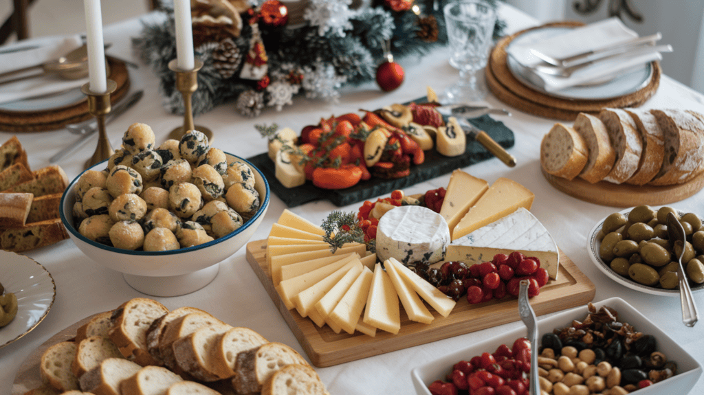 A table filled with Christmas Eve appetizers. There's a bowl of mini spinach puffs, a cheese board with various types of cheese, a plate of marinated olives, and a dish of roasted vegetables. There are also some sliced baguettes and an assortment of nuts. The table is set with a white tablecloth, a candle in a candlestick, and a few Christmas ornaments.