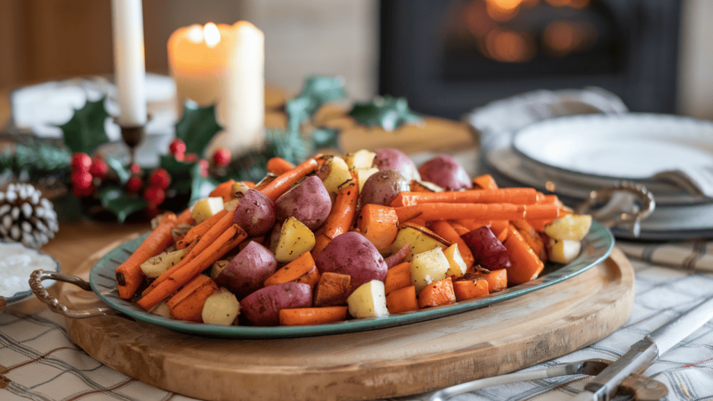 A table setting with a serving platter of roasted vegetables. The vegetables are a mix of carrots, parsnips, and red potatoes, all cut into 1-inch pieces. They are glazed and roasted, with a beautiful caramelization on them. The vegetables are served on a wooden cutting board. There are also some Christmas decorations on the table, including a candle and a sprig of holly. The background is blurred, revealing a cozy living room with a fireplace.