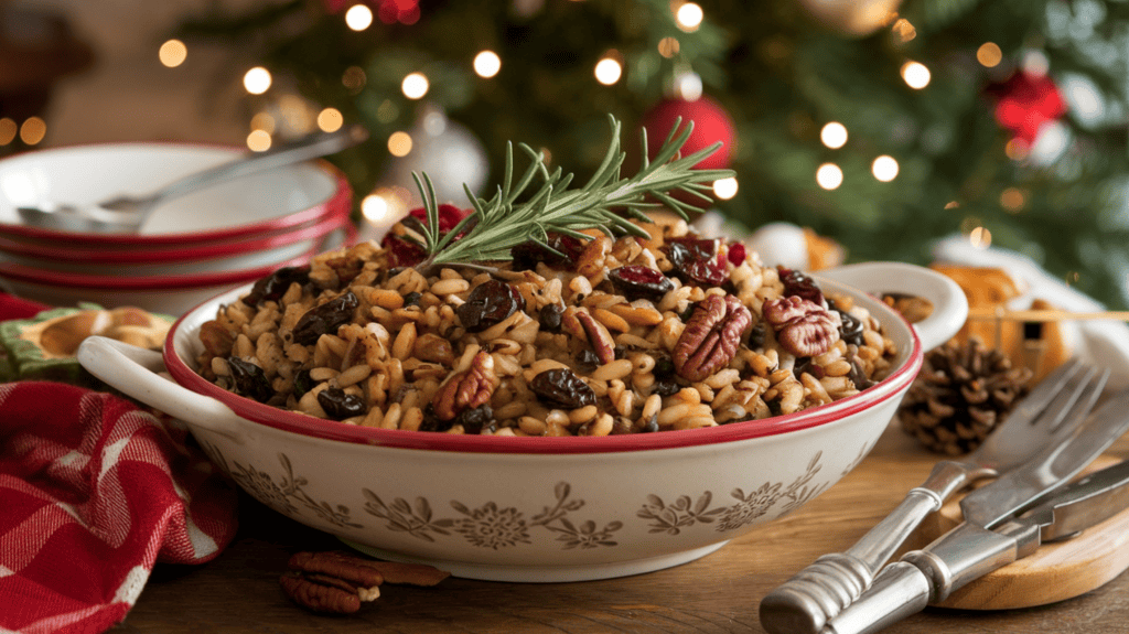A bowl of delicious wild rice stuffing with dried cranberries and toasted pecans on a wooden table. There's a sprig of fresh rosemary on top of the stuffing. The table has a red and white checkered tablecloth and a few other dishes. The background has a Christmas tree and some ornaments. The ambiance is warm and festive.