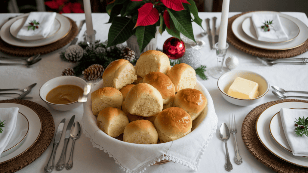 A table set for a Christmas Eve dinner with homemade rolls. The table is adorned with a white tablecloth, silverware, and a candle. There are also dishes of gravy and butter. The homemade rolls, which range from small to large, are placed in a basket and have a golden-brown color. The background contains a poinsettia plant and a Christmas ornament.