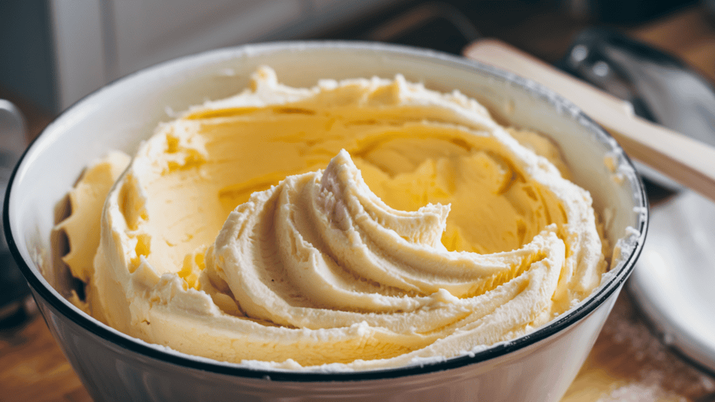 Butter and sugar that have been creamed together until light and fluffy. The color is a pale yellow. The butter is in a white bowl, and there is a spatula next to it. The background is a kitchen with a wooden surface and some cooking utensils.
