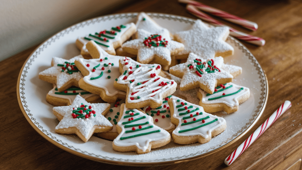 A plate of homemade Christmas sugar cookies. There are various shapes and sizes, including stars, trees, and bells. They are all dusted with powdered sugar and have red and green sprinkles. The plate is on a wooden surface. There is a peppermint stick beside the plate. The background is a beige wall.