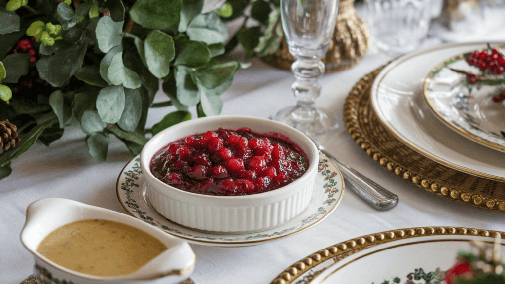 A Christmas dinner table with a white tablecloth. There is a dish of cranberry sauce and another dish of gravy. The background contains a green plant and a decorative item.
