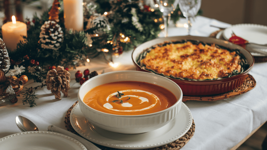 Some Christmas Eve dinner ideas you can make two days before Christmas dinner. It's of a Christmas dinner table with a white tablecloth. There's a bowl of orange butternut squash soup with a swirl of cream on top and a green bean casserole with a golden-brown topping. The background reveals a festive setting with decorations. The lighting is warm.