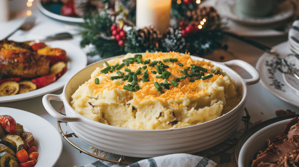 A delicious mashed potato casserole sitting on a table for Christmas dinner. The casserole is in a white dish and is topped with a sprinkling of grated cheese and chopped green onions. There are also roasted vegetables and a meat dish on the table. The background contains a few Christmas decorations, including a wreath and a candle.