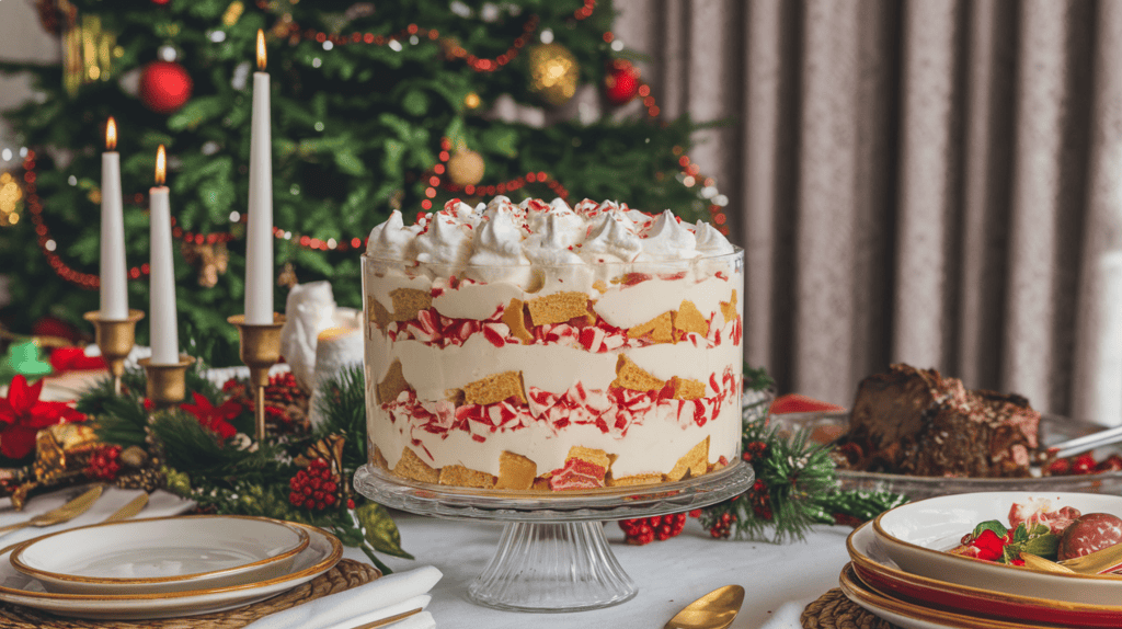 A holiday trifle sitting on a table for Christmas dinner. The trifle is made of layers of pound cake, vanilla pudding, crushed peppermint candies, and whipped cream. The table is set with festive decor, including a Christmas tree, candles, and ornaments. There are also other dishes on the table, including a roast. The background has a curtain.
