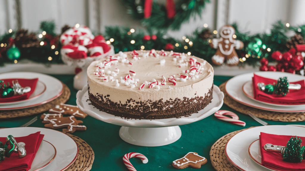 A no-bake peppermint cheesecake on a table for Christmas dinner. The cheesecake has a crushed chocolate cookie crust and a cream cheese filling with crushed candy canes sprinkled on top. The table is set with festive decor, including a green tablecloth, red napkins, and white plates. There are other Christmas treats on the table as well, such as gingerbread men and candy canes. The background has Christmas decorations, including a wreath and a Garland.
