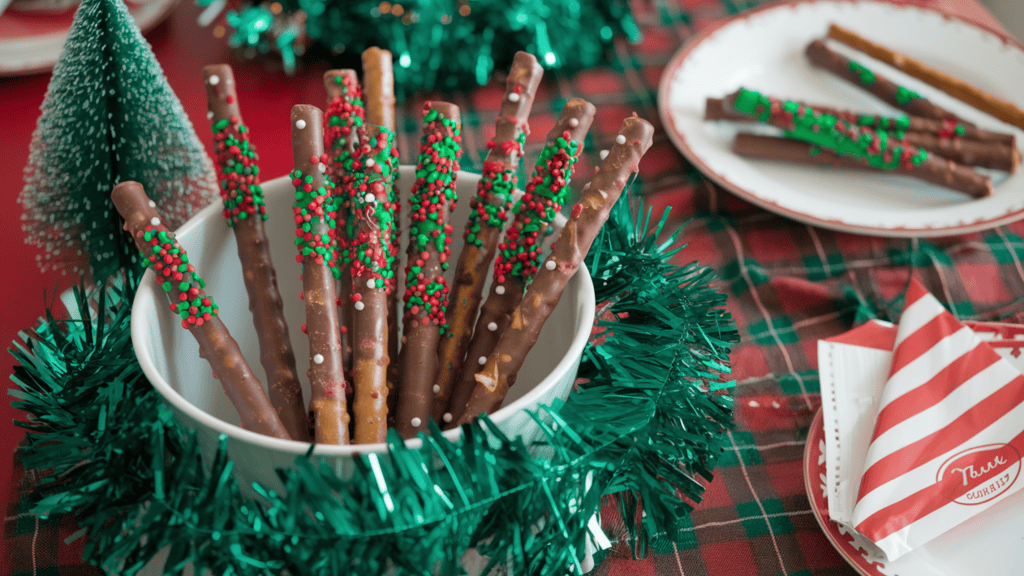 A table with a Christmas theme. There are chocolate-dipped pretzel rods with red and green sprinkles on them. The pretzel rods are placed in a white bowl. There is a green garland around the bowl. There are red and white striped wrappers next to the bowl. The table has a red tablecloth and a white plate with a few pretzel rods. There is a green tree decoration next to the plate.