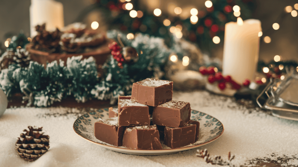 A Christmas table with a plate of microwave fudge. The plate is on a snowy white tablecloth. There are Christmas decorations in the background, including a wreath, a candle, and some ornaments. The overall image has a warm hue.