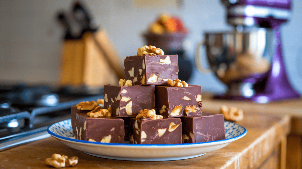 A plate of delicious fantasy fudge. The fudge is rich, chocolatey, and has walnuts in it. The fudge is cut into squares and is still slightly warm. There are a few walnuts on top of the fudge. The plate is on a wooden surface. The background is blurred, showing a kitchen with a stove, a mixer, and other baking tools.