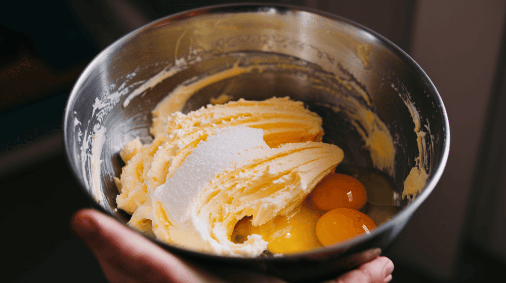 A bowl containing butter and sugar that have been creamed together until light and fluffy. The butter and sugar mixture is a pale yellow color. There are eggs and vanilla extract added to the mixture. The bowl is being held against a dark background. The scene is lit with soft, warm light.