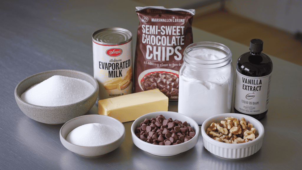 A kitchen counter with ingredients needed to make a fantasy fudge recipe: a bowl of granulated sugar, a stick of butter, a can of evaporated milk, a bag of semi-sweet chocolate chips, a jar of Marshmallow Creme, a bottle of vanilla extract, and a bowl of chopped walnuts. The ingredients are arranged in a row. The background is clean and simple.